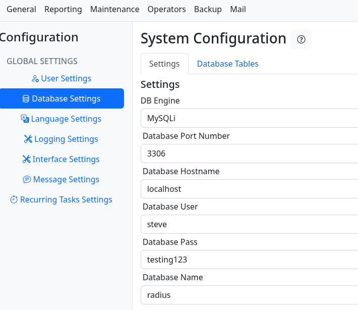Database config