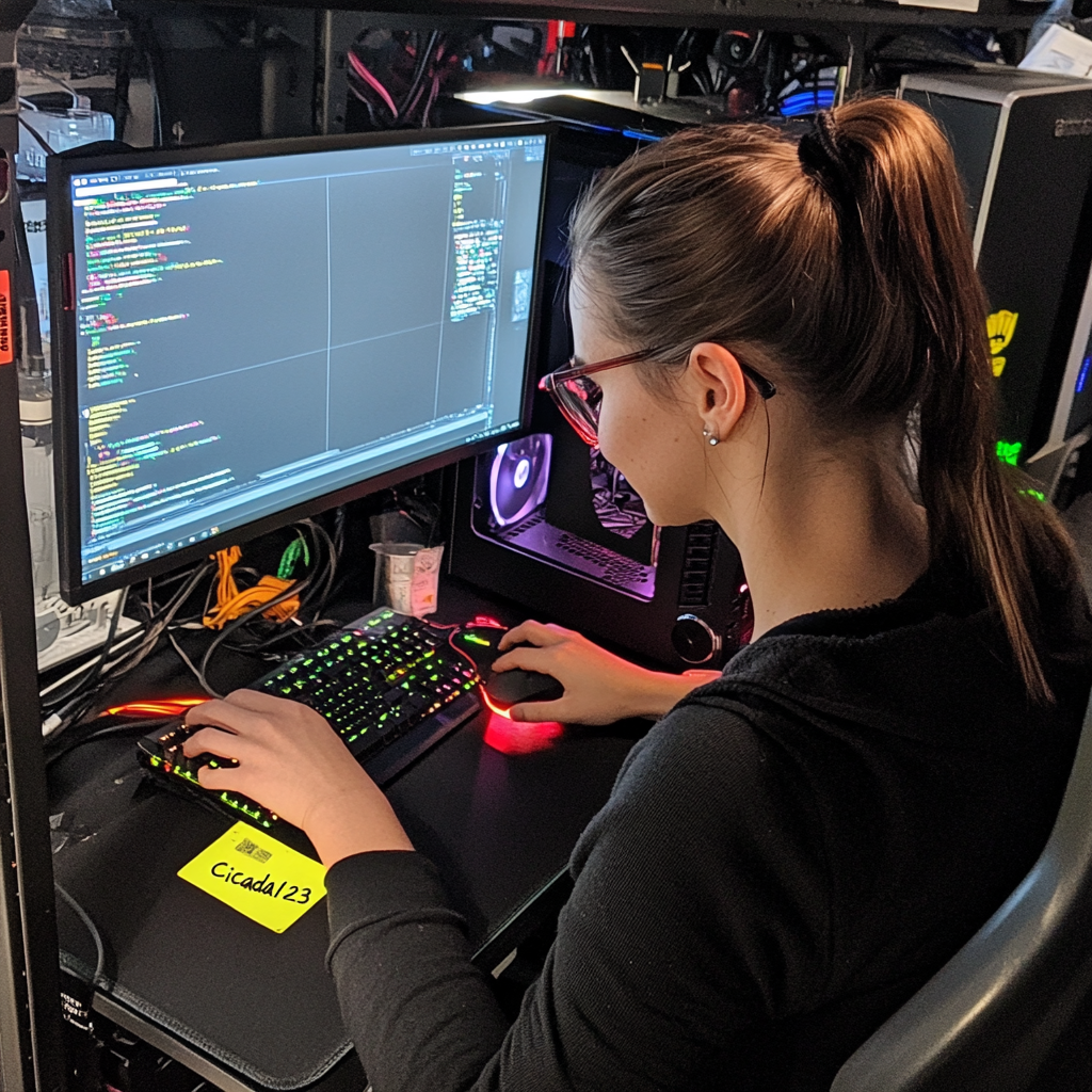 Rosie.Powell happily working away with a sticky note next to her